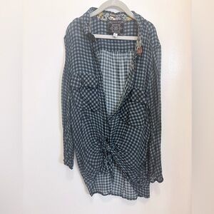 Johnny Was Blue Checkered Button-Up Sheer Shirt